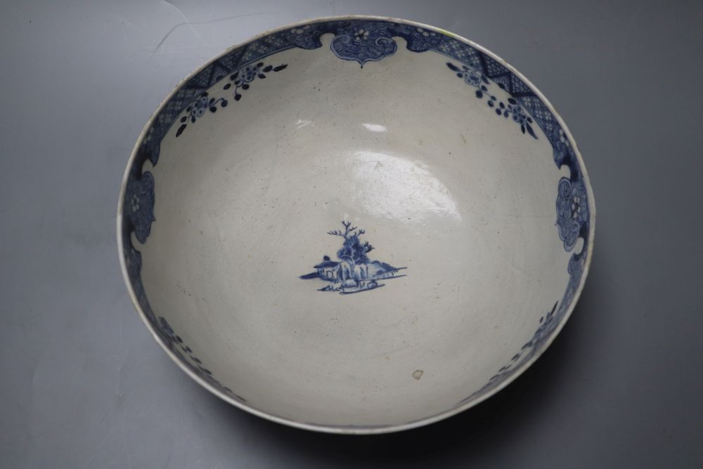 A Chinese blue and white bowl, 25cm, restored